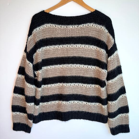 Part Two Copenhagen Neutral Stripe Open Stitch Boatneck Sweater Large Scandi - Picture 2 of 13